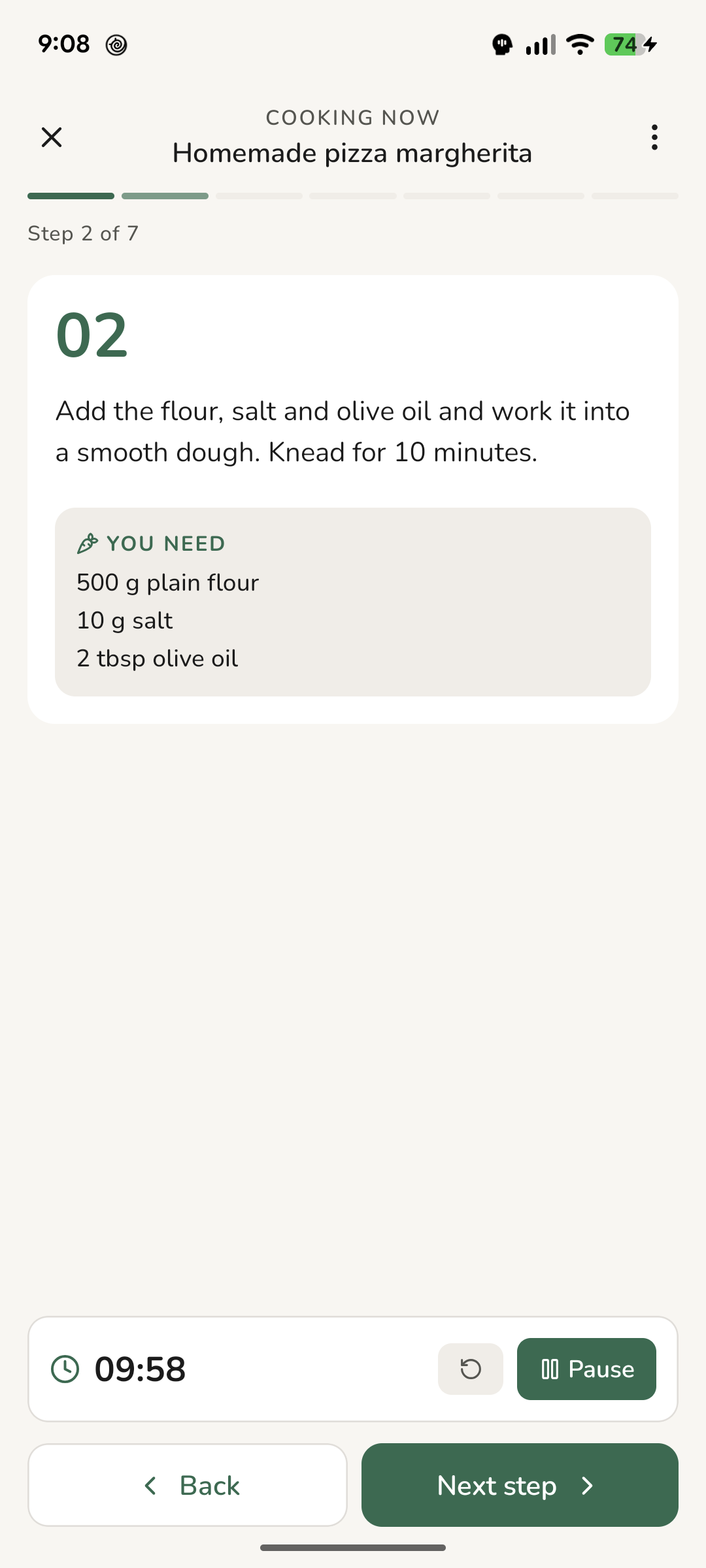 Step-by-step cooking mode with a running timer