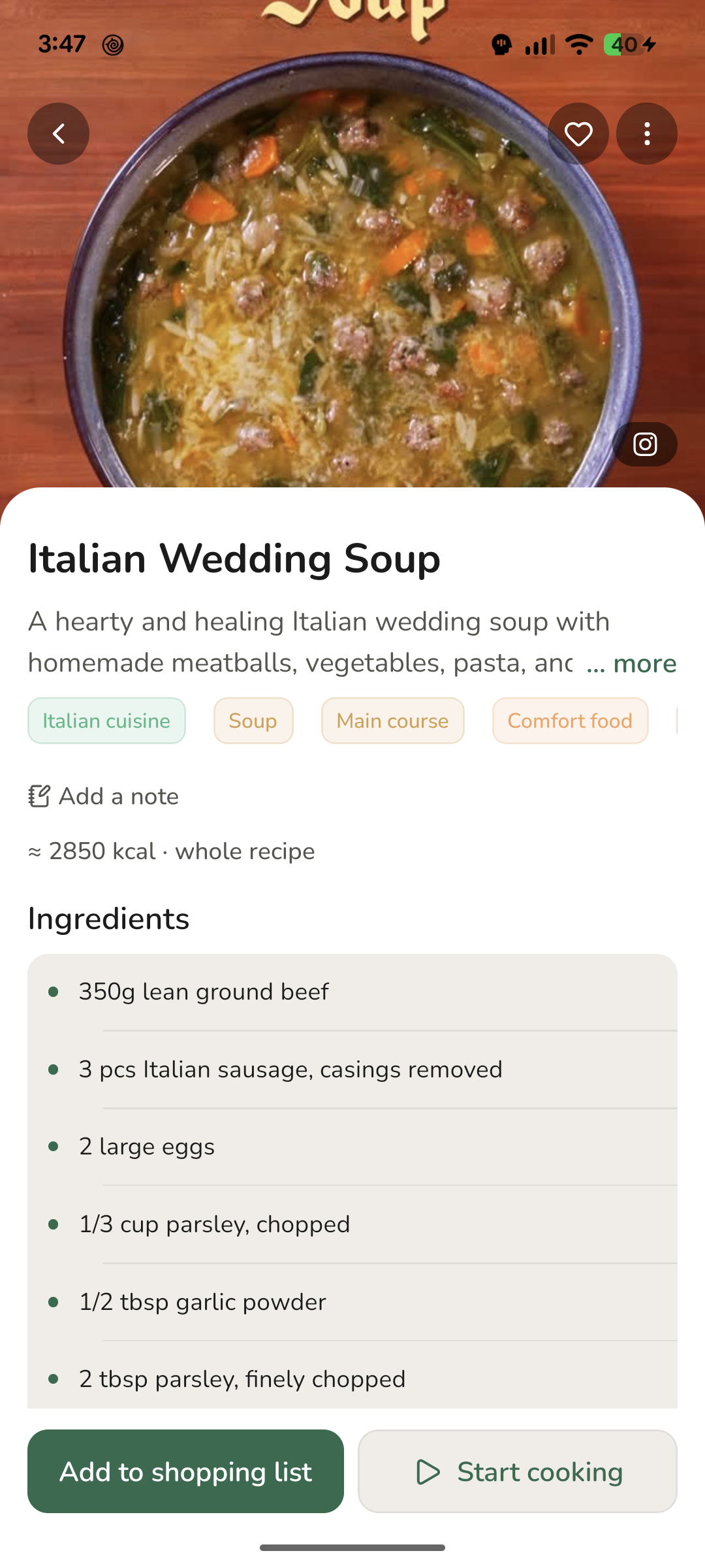 Thymelist recipe screen with a photo, servings and tags