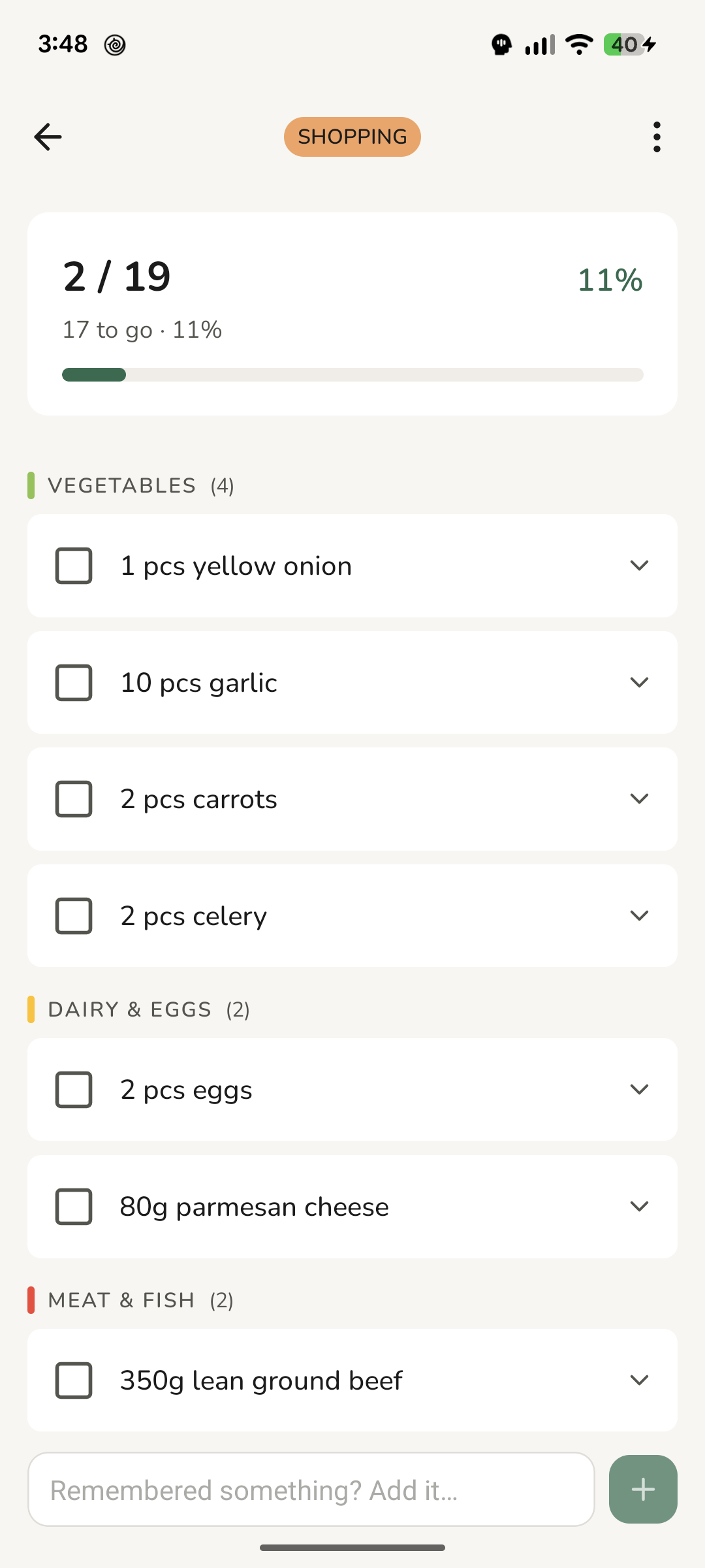 A categorized shopping list with some items checked off
